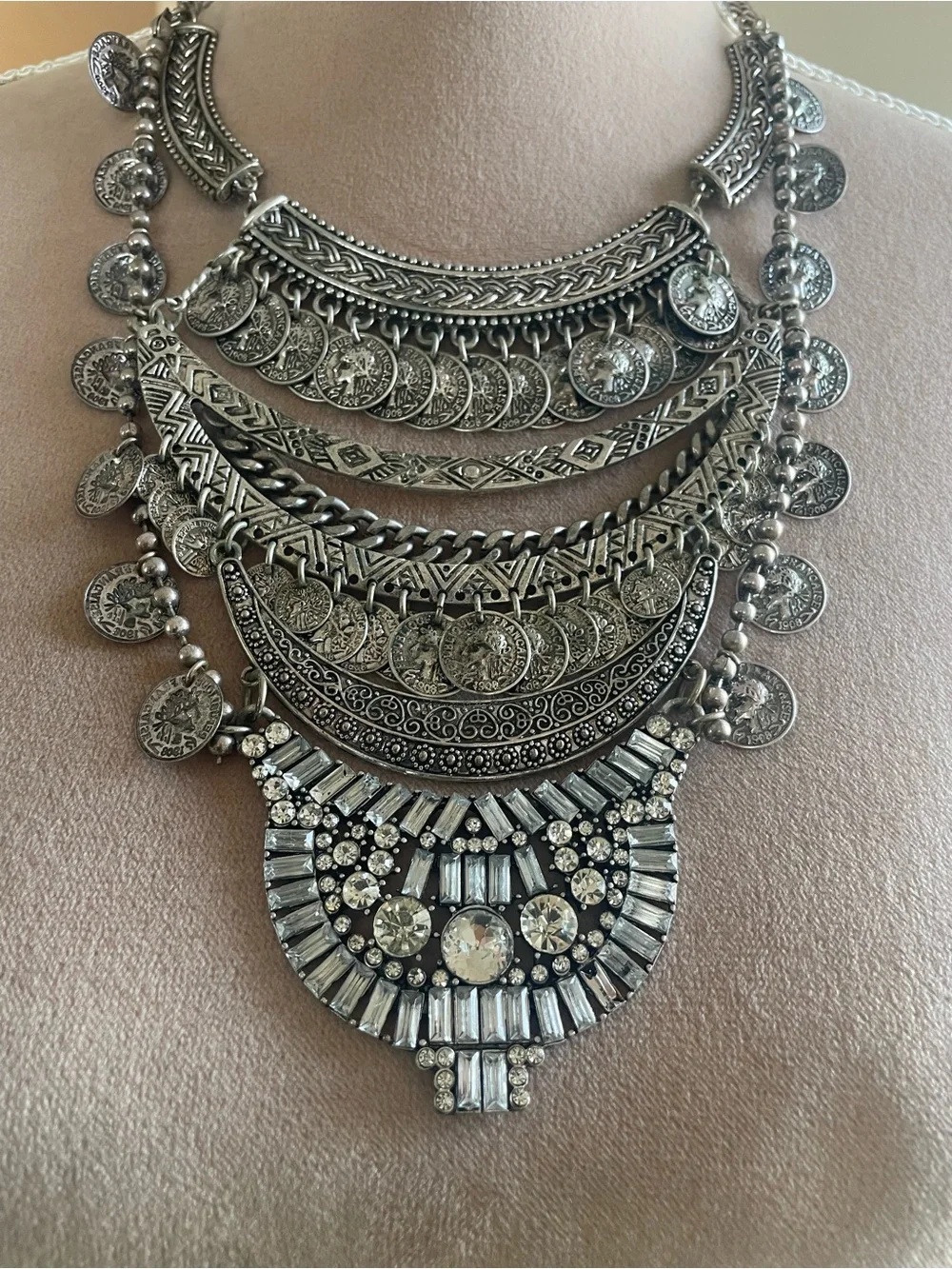 Max & Zoe Multi-Layer Silver Tone Coin Bib Necklace - Women Jewelry